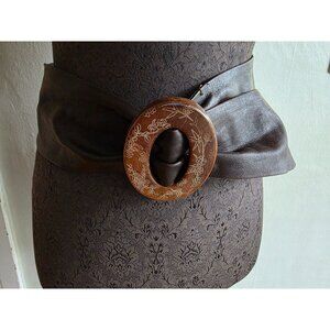 Wide Brown Leather Belt With Floral Engraved Wooden Buckle